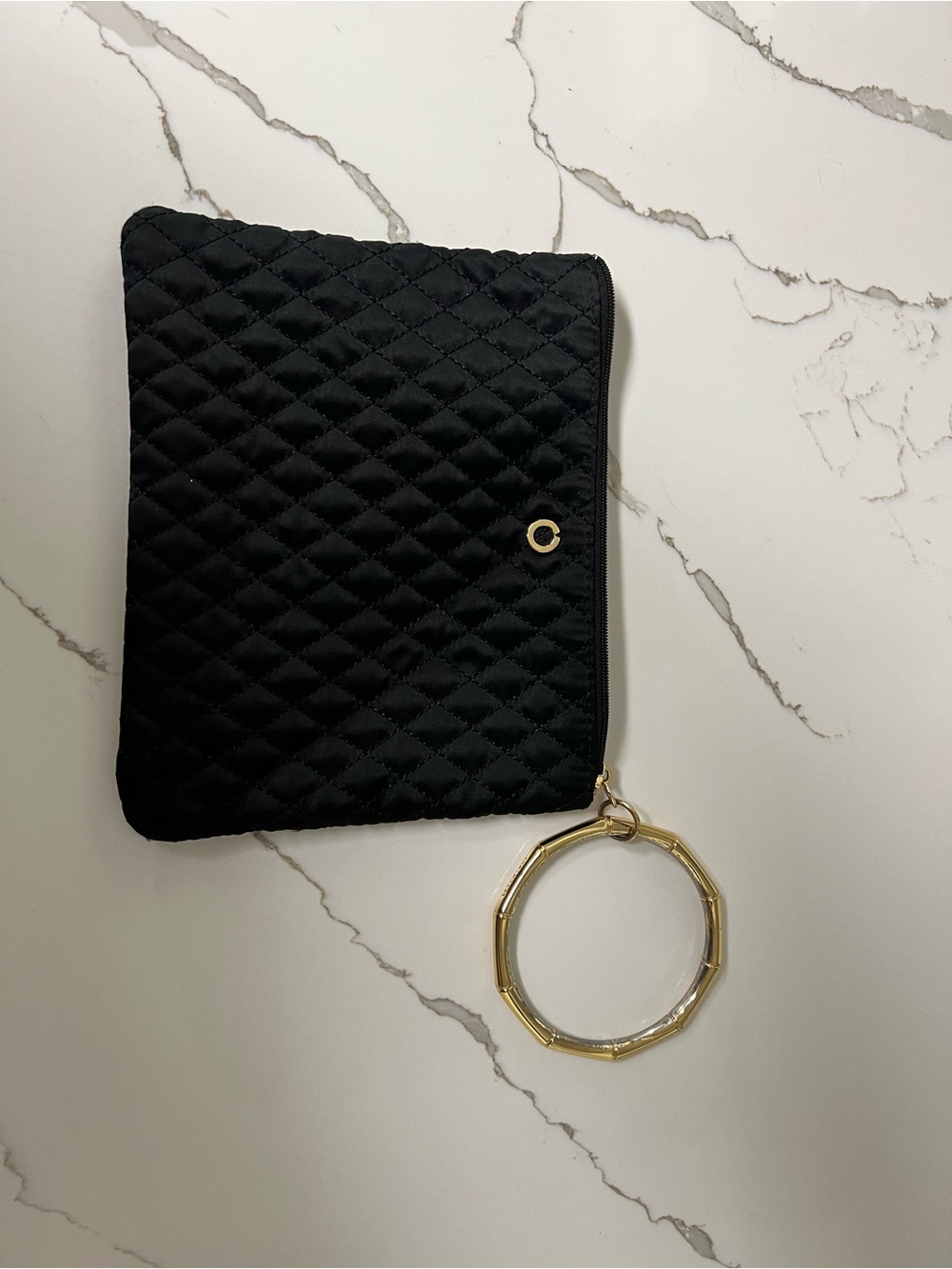 Quilted Black Wristlet Pouch with Gold Ring